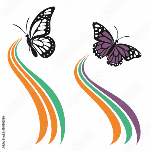 Two stylized butterflies flying along colorful curved lines