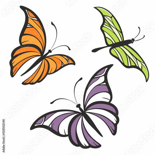 Three colorful butterflies flying isolated on white background