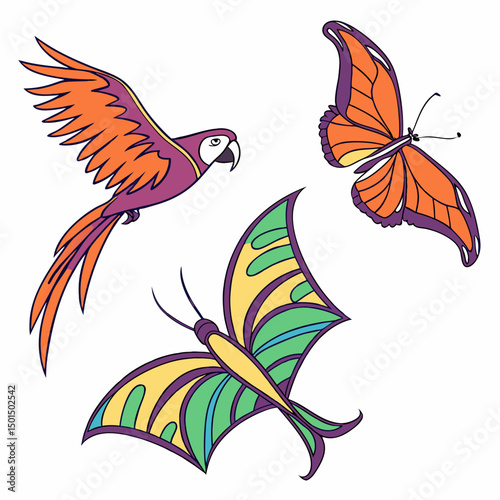 Colorful parrot and butterflies flying tropical birds insects nature art