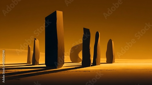 Summer Solstice: Abstract standing stones with dramatic solstice alignment shadows