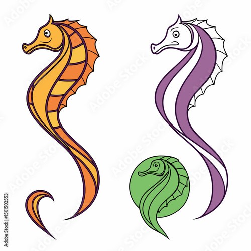 Three stylized seahorses orange purple green ocean animals illustration