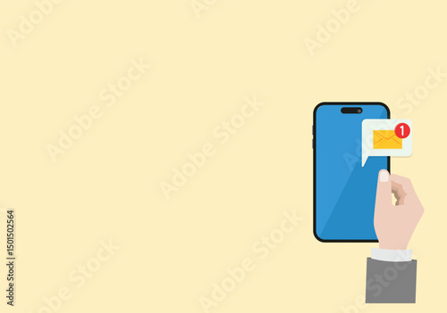 Mobile phone with a bell notification. Human hand hold mobile phone .Reminder on smartphone screen New message notification. 