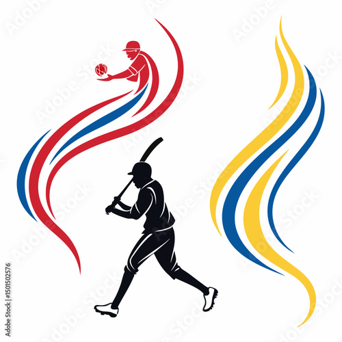Dynamic baseball players action silhouette abstract design