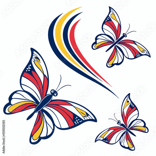 Three colorful butterflies flying with swirling trails