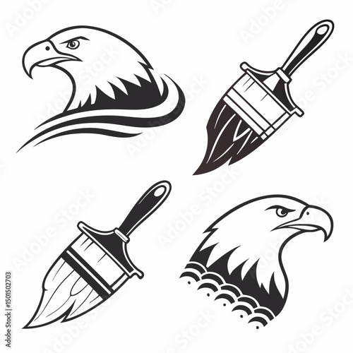 Eagle head and paintbrush design elements black and white
