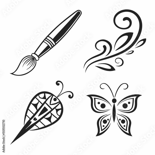 Black and white artistic design elements paintbrush butterfly floral leaf