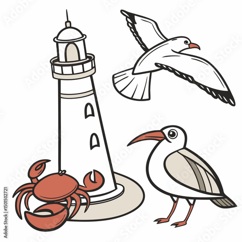 Coastal scene illustration lighthouse seagull crab ocean animals