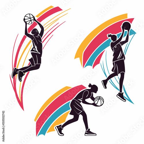 Dynamic silhouettes of female basketball players in action with colorful swirls
