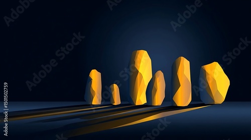 Summer Solstice: Abstract standing stones with dramatic solstice alignment shadows