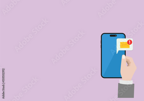 Mobile phone with a bell notification. Human hand hold mobile phone .Reminder on smartphone screen New message notification. 