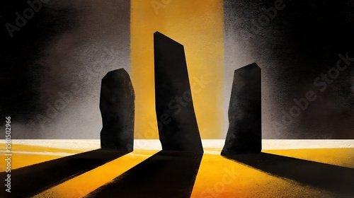 Summer Solstice: Abstract standing stones with dramatic solstice alignment shadows
