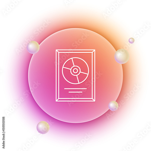 White CD disk award in frame icon isolated on white background. Modern ceremony. Best seller. Musical trophy. Orange and pink gradient circle background. Vector