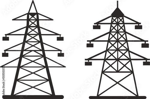 Different types of electricity pylons used in power transmission, Two electricity pylons different designs power grid infrastructure energy transmission