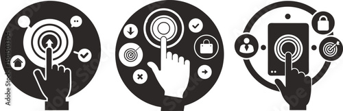 Hand tapping digital interface icons showing targets home shopping user profile and security, Digital interface interaction showing various features and functions via touch screen