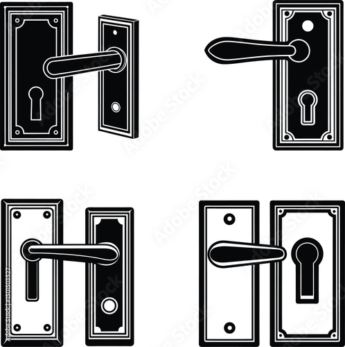 A collection of various door handle styles and designs illustrated in a simple black and white graphic format, Four different door handle designs shown in black and white illustrations