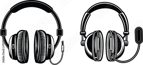 Two styles of headphones one with a microphone a design element for audio music and communication, A simple illustration showcasing two different headphone designs one with a built-in microphone