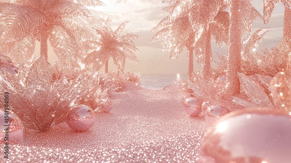 Fototapeta premium Pink paradise pathway, with glistening palm trees and orbs