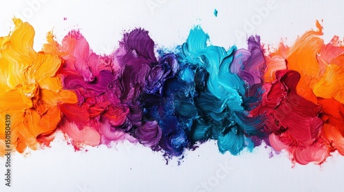 Vibrant multicolored oil paint strokes blend across a white canvas, creating a dynamic, textured abstract artwork.