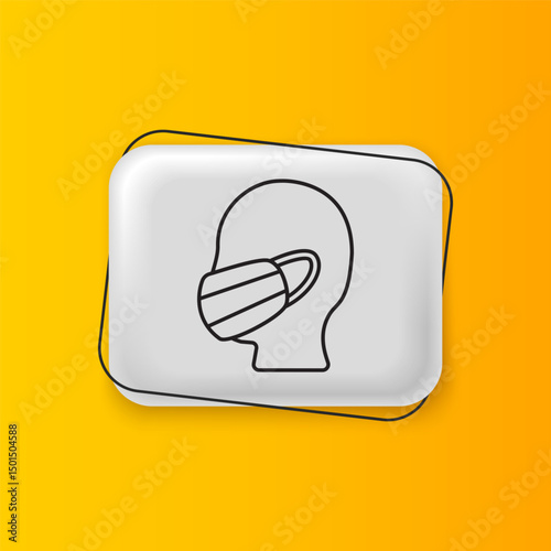 Black Man face in a medical protective mask icon isolated on yellow background. Quarantine. Silver rectangle button. Vector