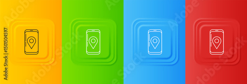White Mobile smart phone with app delivery tracking icon isolated on colorful background. Parcel tracking. Set icons in square buttons. Vector