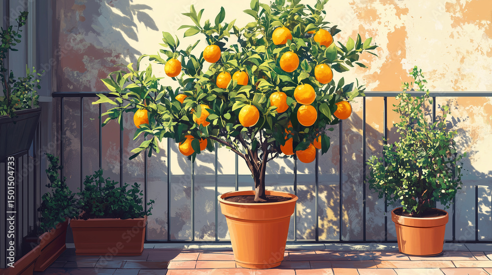 Obraz premium Sunlit Terrace with Potted Orange Tree and Mediterranean Charm