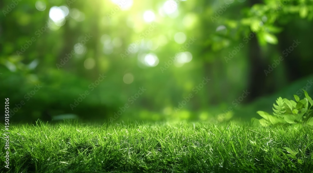 Fototapeta premium Lush Green Grass in a Sunlit Forest