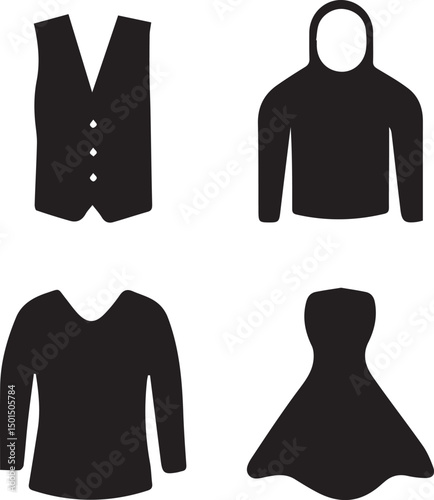 Apparel Silhouettes: A collection of essential apparel silhouettes, including a tailored vest, cozy hoodie, elegant long-sleeved shirt, and a chic dress, all depicted in striking black.