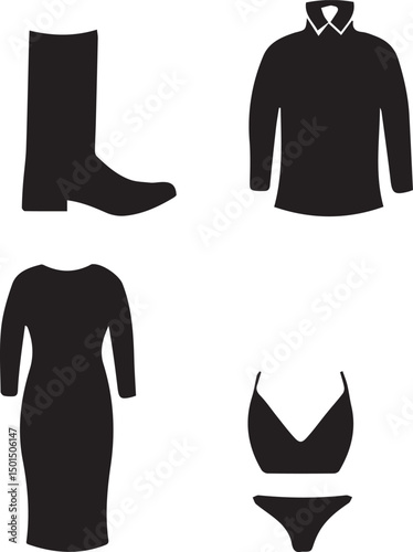 Apparel Assortment: A minimalist yet comprehensive view of four distinct apparel items, the image encapsulates a selection of everyday clothing and accessories, artfully rendered in black.