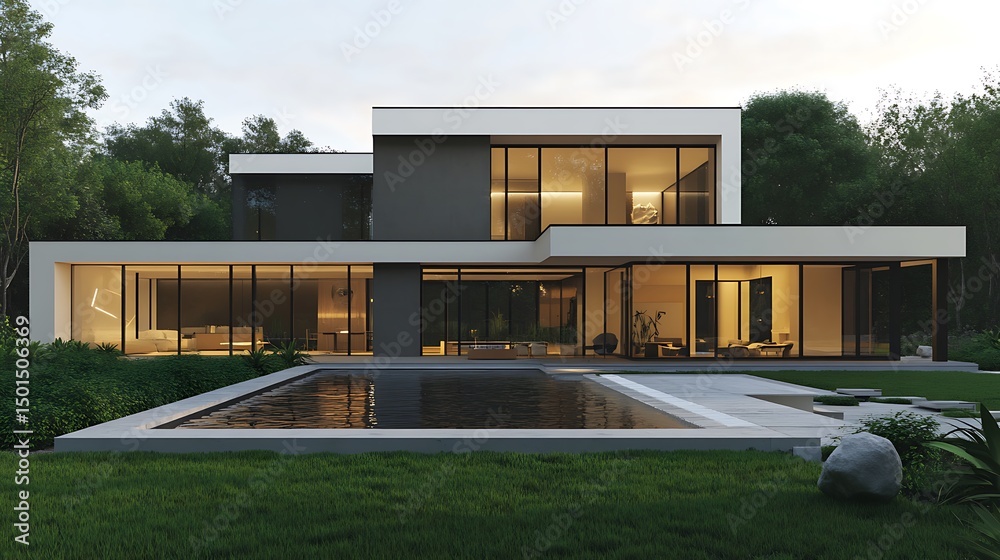 Modern house with a pool and lush landscaping. Modern house with a pool and lush landscaping.