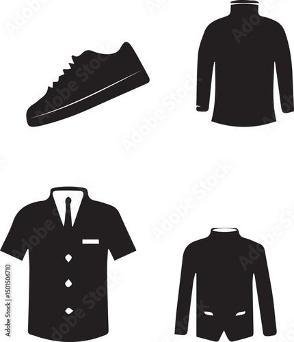 Fashion Icons: An image showcases a curated collection of essential apparel items, featuring a modern running shoe, a cozy sweater, a classic collared shirt, and a stylish blazer.