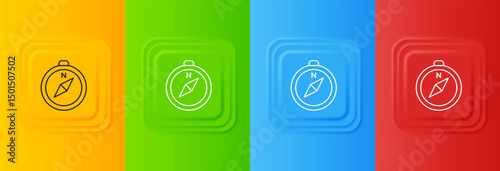 White Compass icon isolated on colorful background. Windrose navigation symbol. Wind rose sign. Set icons in square buttons. Vector