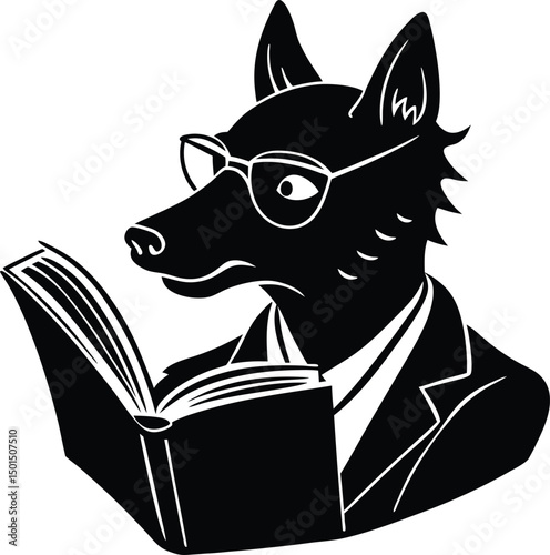 Illustrated black and white silhouette of a smart fox reading a book with glasses
