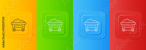 White Coal mine trolley icon isolated on colorful background. Factory coal mine trolley. Set icons in square buttons. Vector