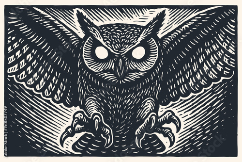 Dramatic owl with spread wings in striking linocut style. Detailed black and white illustration showing fierce nocturnal predator with intense eyes and sharp talons. Vintage woodcut technique 