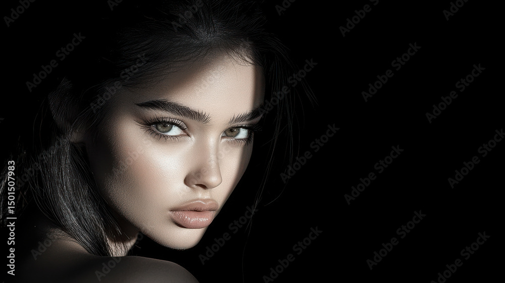 Fototapeta premium Captivating portrait of young woman with striking features, illuminated by soft light that highlights her angular eyebrows and smooth skin, creating dramatic contrast against dark background