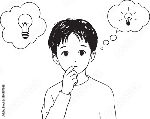 Cartoon illustration of a boy with a lightbulb above his head symbolizing a new idea or concept