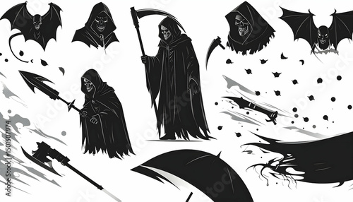 Black and White Illustration of Grim Reapers and Bats