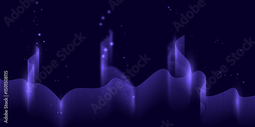 Abstract Mystical Northern Lights Aurora in Night Sky. Glowing Polar Lights over Dark Landscape. Aurora Borealis Lights in Sky, Dreamy Cosmic Light Waves. 