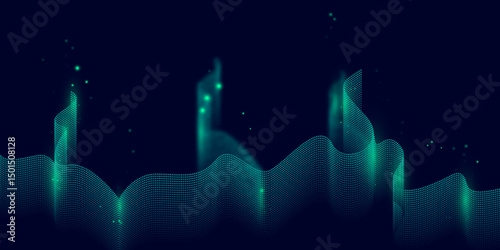Abstract Mystical Northern Lights Aurora in Night Sky. Glowing Polar Lights over Dark Landscape. Aurora Borealis Lights in Sky, Dreamy Cosmic Light Waves. 