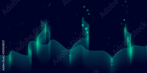 Abstract Mystical Northern Lights Aurora in Night Sky. Glowing Polar Lights over Dark Landscape. Aurora Borealis Lights in Sky, Dreamy Cosmic Light Waves. 