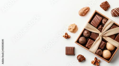Delightful chocolate assortment in gift box tied with beige ribbon, featuring various shapes and flavors, perfect for any occasion. Indulge in this sweet treat