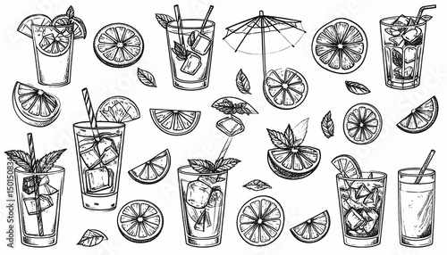 Black and White Illustration of Summer Cocktails with Lemon and Mint