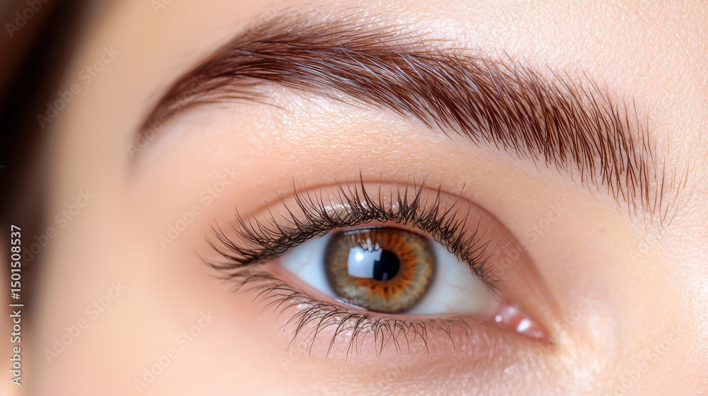 Obraz premium Close up of beautifully groomed eyebrow and eye, showcasing delicate eyebrow strokes and flawless skin. eye features captivating iris with blend of colors, enhancing overall aesthetic appeal