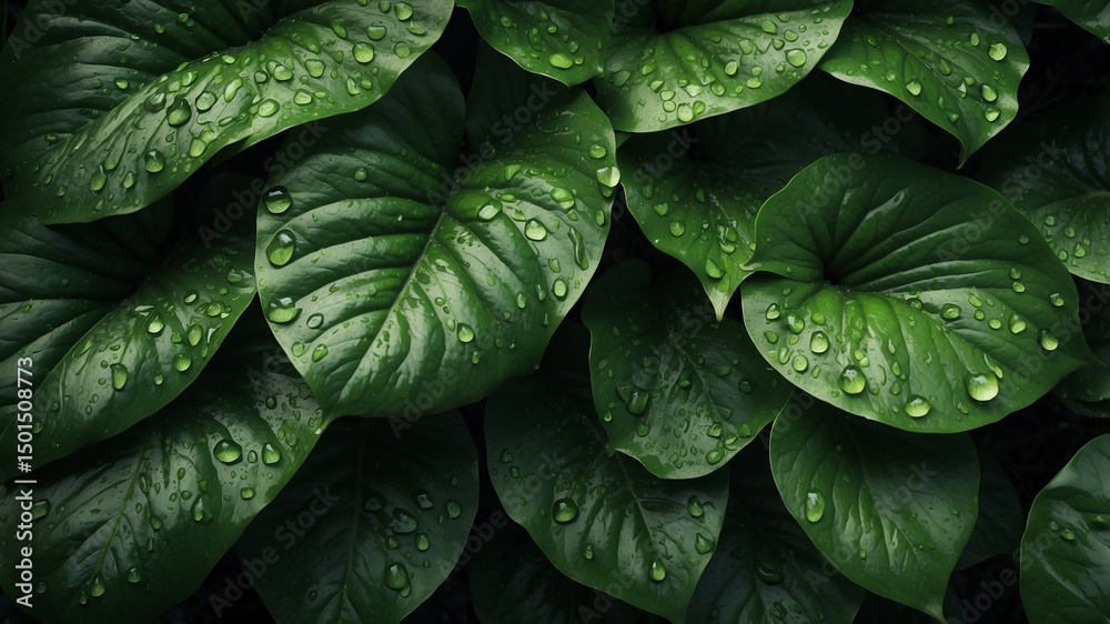 Fototapeta premium Close-up of lush green tropical leaves with water droplets, creating a fresh and vibrant natural texture. Ideal for background use, wellness themes, or eco-friendly concepts.