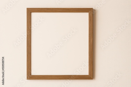A simple, elegant wooden picture frame with a blank interior, hanging on a creamy wall, offers a classic, timeless aesthetic. Perfect for showcasing artwork or photos.