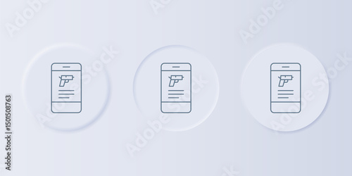 Grey Hunting shop with rifle and gun weapon in mobile app icon isolated on grey background. Supermarket or store with weapon equipment. Set icons in square buttons. Vector