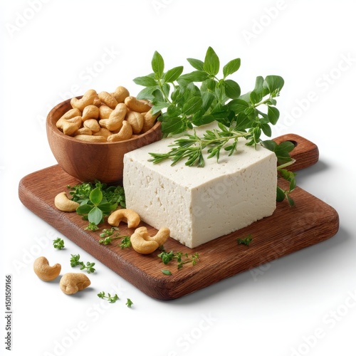 Block of tofu with cashews and herbs isolated on white background