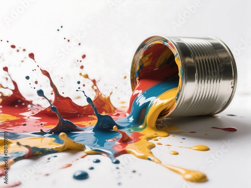 Fall picture of a fallen can with paint erupting outward in chaotic splashes and vibrant hues, suitable for conceptual art, modern galleries, and high-energy creative visuals.