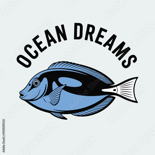 Vibrant Blue Tang fish in a dynamic silhouette, on a clean white background