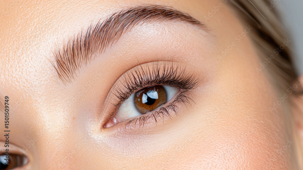 Obraz premium Close up of woman eye showcasing eyebrow symmetry and smooth, matte skin. image highlights natural beauty and detail of eyelashes and iris, creating inviting and serene expression